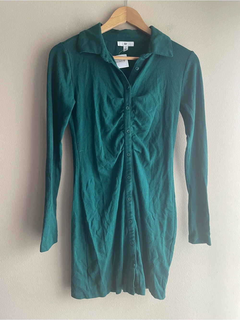 New BP Teal Green Ruched Button-Front Long Sleeve Mid Dress Size Small